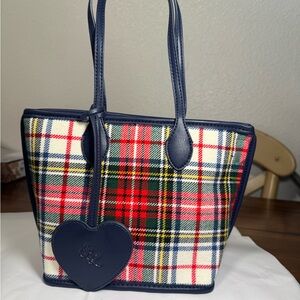 Stoney Clover Lane Little Tote-Blue/Plaid-Heart Charm Mini purse/ Bag